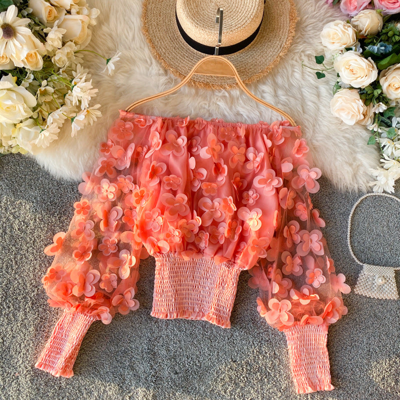 One-word shoulder waist upper clothing female small design fashion three-dimensional flower bubble sleeve perspective mesh chiffon shirt