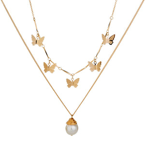 Fashion lattice natural freshwater pearl necklace female temperament European and American personal gold butterfly lock bone chain