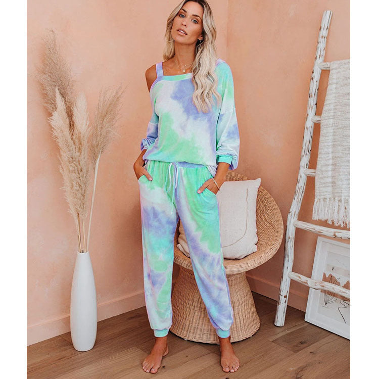New round Neck Tie-Dyed T-shirt Bottoming Shirt Casual Fashionable Trousers Suit