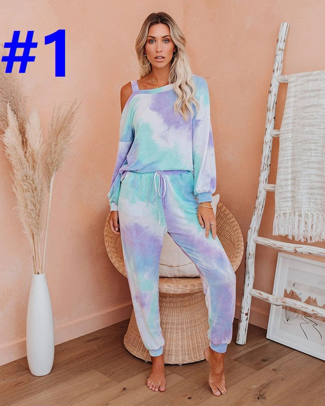 New round Neck Tie-Dyed T-shirt Bottoming Shirt Casual Fashionable Trousers Suit