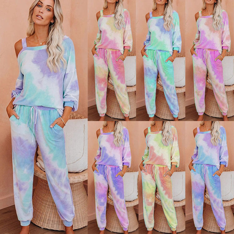 New round Neck Tie-Dyed T-shirt Bottoming Shirt Casual Fashionable Trousers Suit