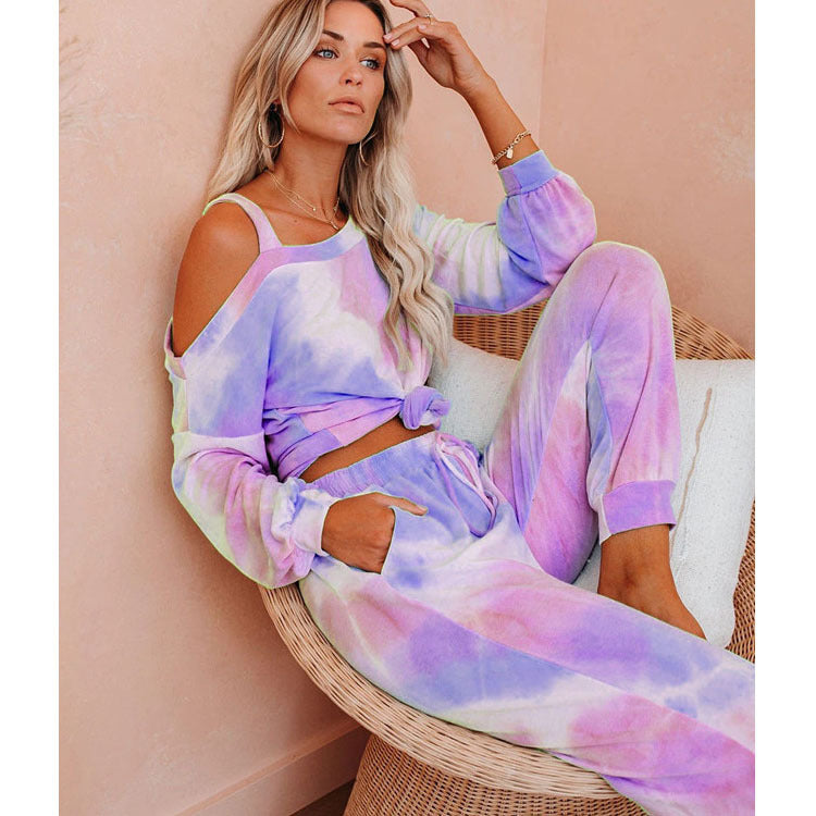 New round Neck Tie-Dyed T-shirt Bottoming Shirt Casual Fashionable Trousers Suit