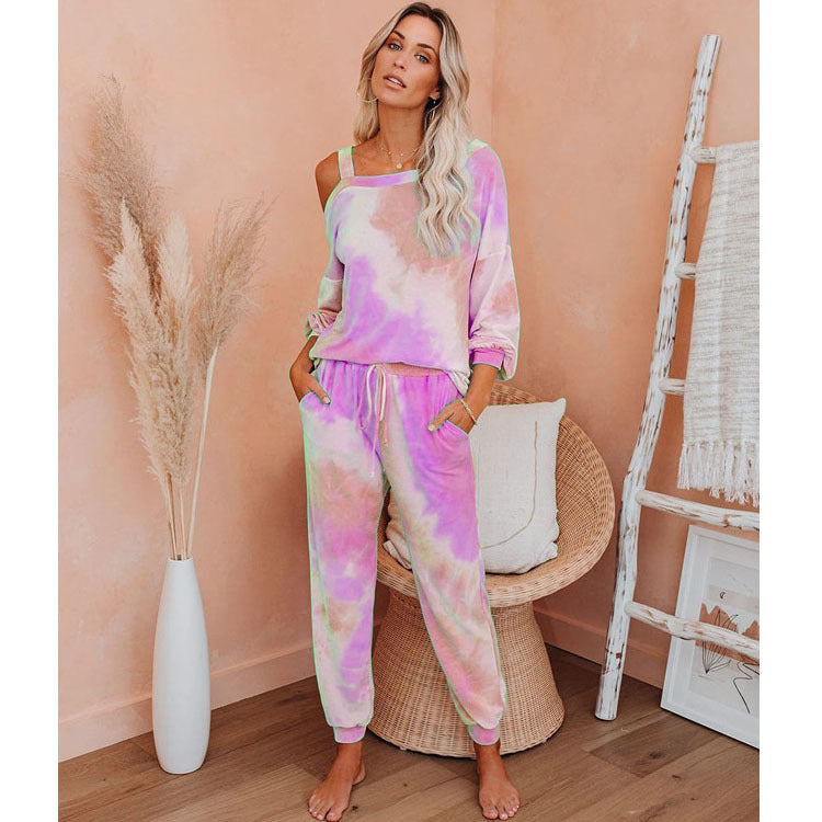 New round Neck Tie-Dyed T-shirt Bottoming Shirt Casual Fashionable Trousers Suit