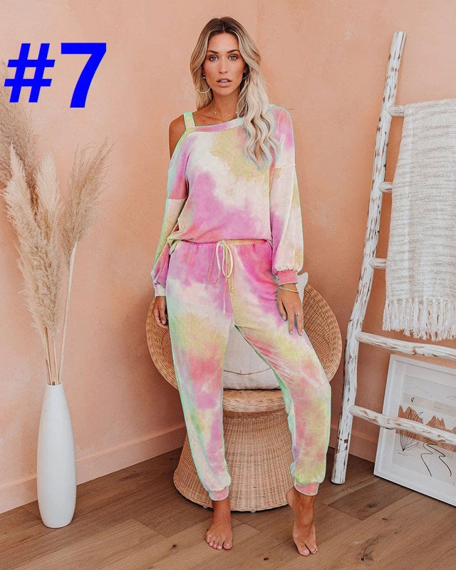 New round Neck Tie-Dyed T-shirt Bottoming Shirt Casual Fashionable Trousers Suit