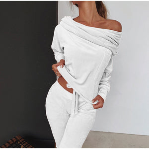 Solid Color Fashion Casual Set Off-shoulder Bow Slim Fit Homewear Suits Loungewear