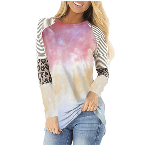 Autumn and Winter T-shirt   Women Clothing Leopard Tie-Dye plus Size Long Sleeve Top T-shirt