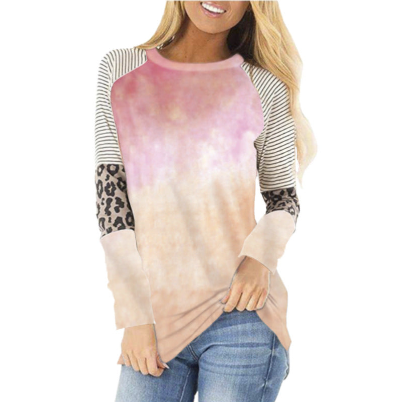 Autumn and Winter T-shirt   Women Clothing Leopard Tie-Dye plus Size Long Sleeve Top T-shirt