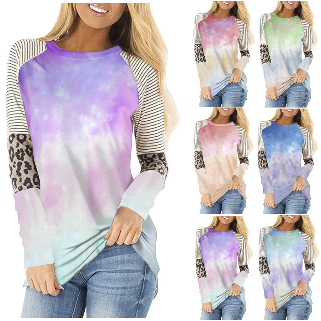 Autumn and Winter T-shirt   Women Clothing Leopard Tie-Dye plus Size Long Sleeve Top T-shirt