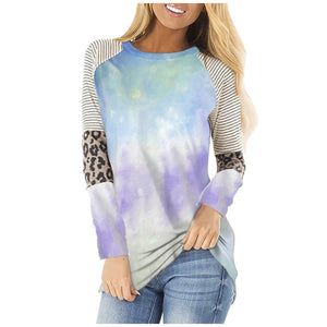 Autumn and Winter T-shirt   Women Clothing Leopard Tie-Dye plus Size Long Sleeve Top T-shirt