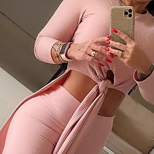 Autumn and Winter New  Casual Solid Color round Neck Long Sleeve Split Knot Top High Waist Trousers Two-Piece Set