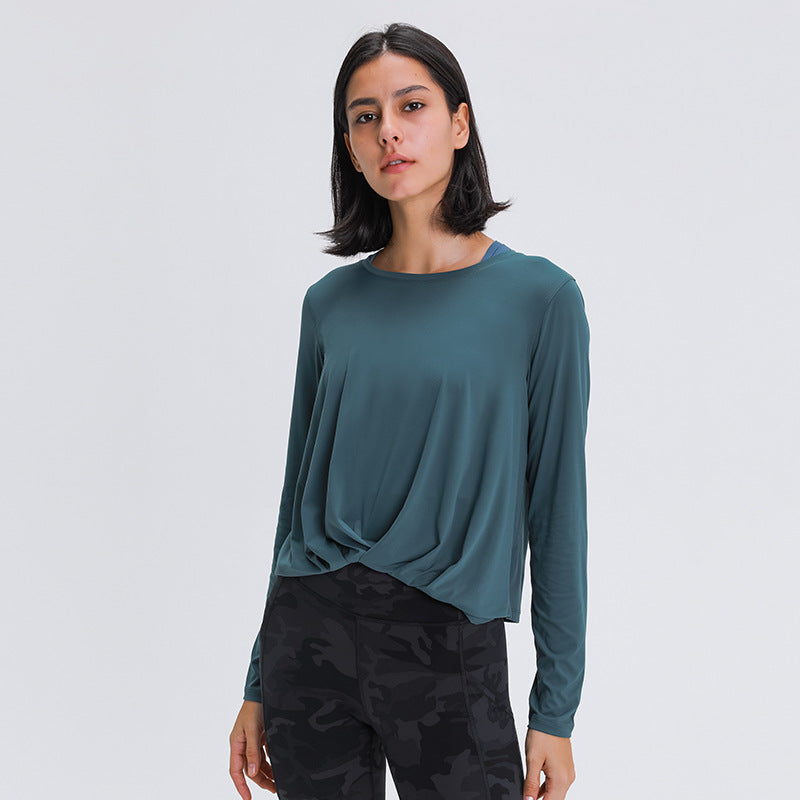 Fitstyle New Brushed Nude Feel Yoga Long Sleeve Fashion All-Match Front Hem Pleated Loose Yoga Clothes