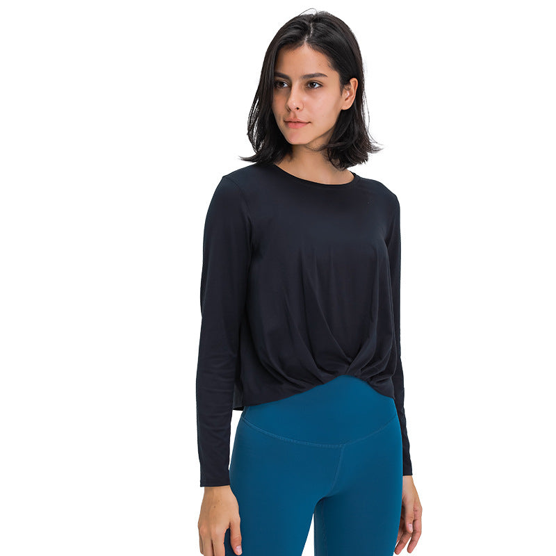 Fitstyle New Brushed Nude Feel Yoga Long Sleeve Fashion All-Match Front Hem Pleated Loose Yoga Clothes