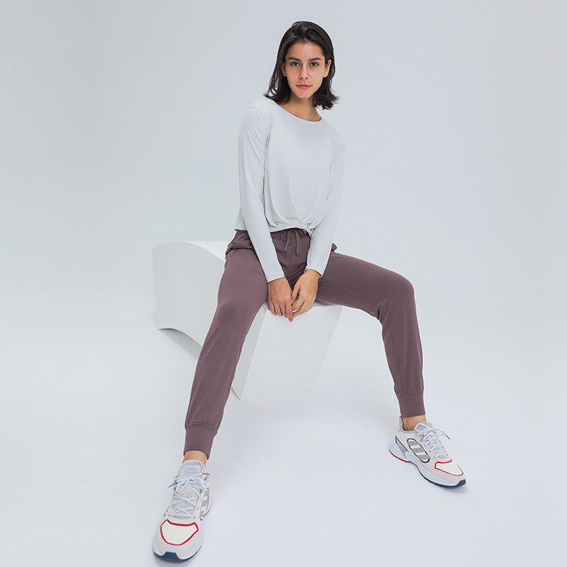 Fitstyle New Brushed Nude Feel Yoga Long Sleeve Fashion All-Match Front Hem Pleated Loose Yoga Clothes
