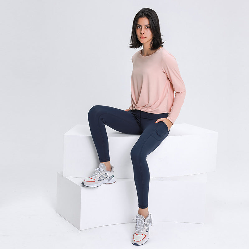 Fitstyle New Brushed Nude Feel Yoga Long Sleeve Fashion All-Match Front Hem Pleated Loose Yoga Clothes