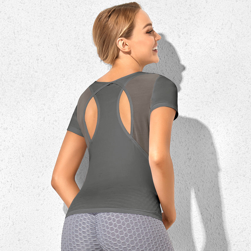 Fitstyle Women Sports Loose T-shirt I-Shaped Mesh Breathable Quick-Drying Sports Fitness Yoga Wear round Neck Top Short Sleeve