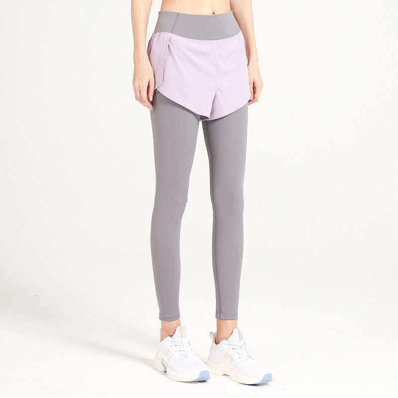 Fitstyle Nude Feel Cotton Fake Two Pieces Yoga Pants Women＇s High Waist Hip Lift Tight Skinny Fitness Pants Running Stretch Sports Trousers