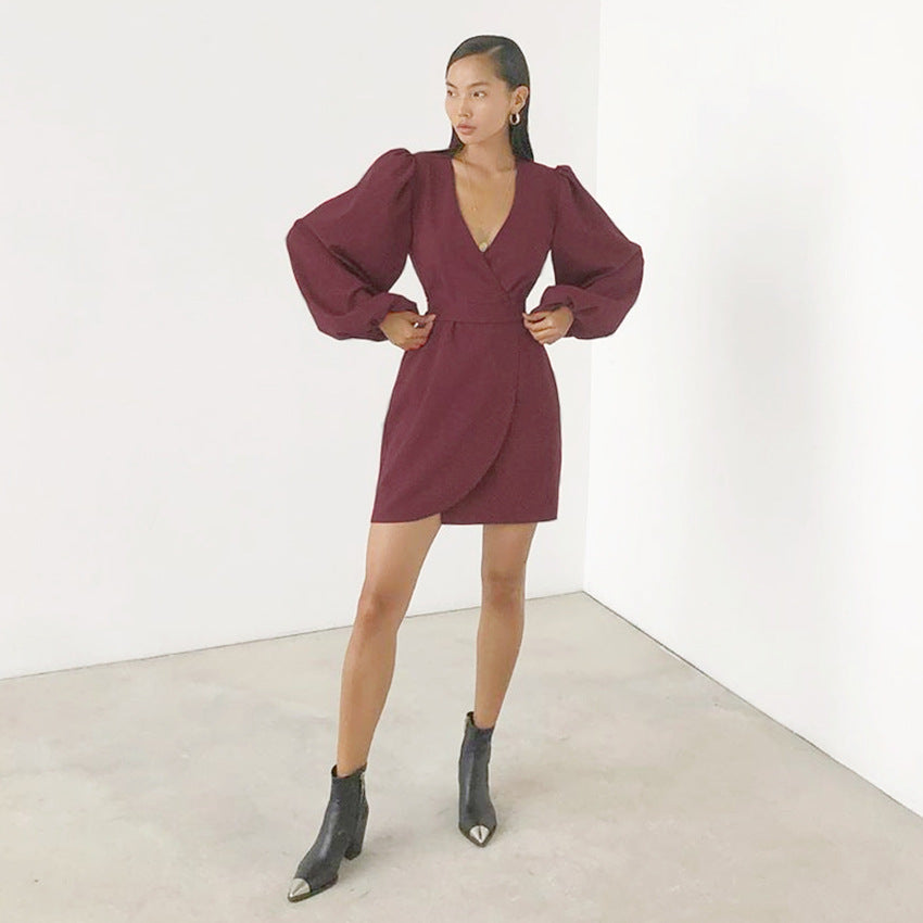 Autumn New V-neck High Waist Lantern Sleeve Ladies French Dress Long Sleeve Short Dress Commuting