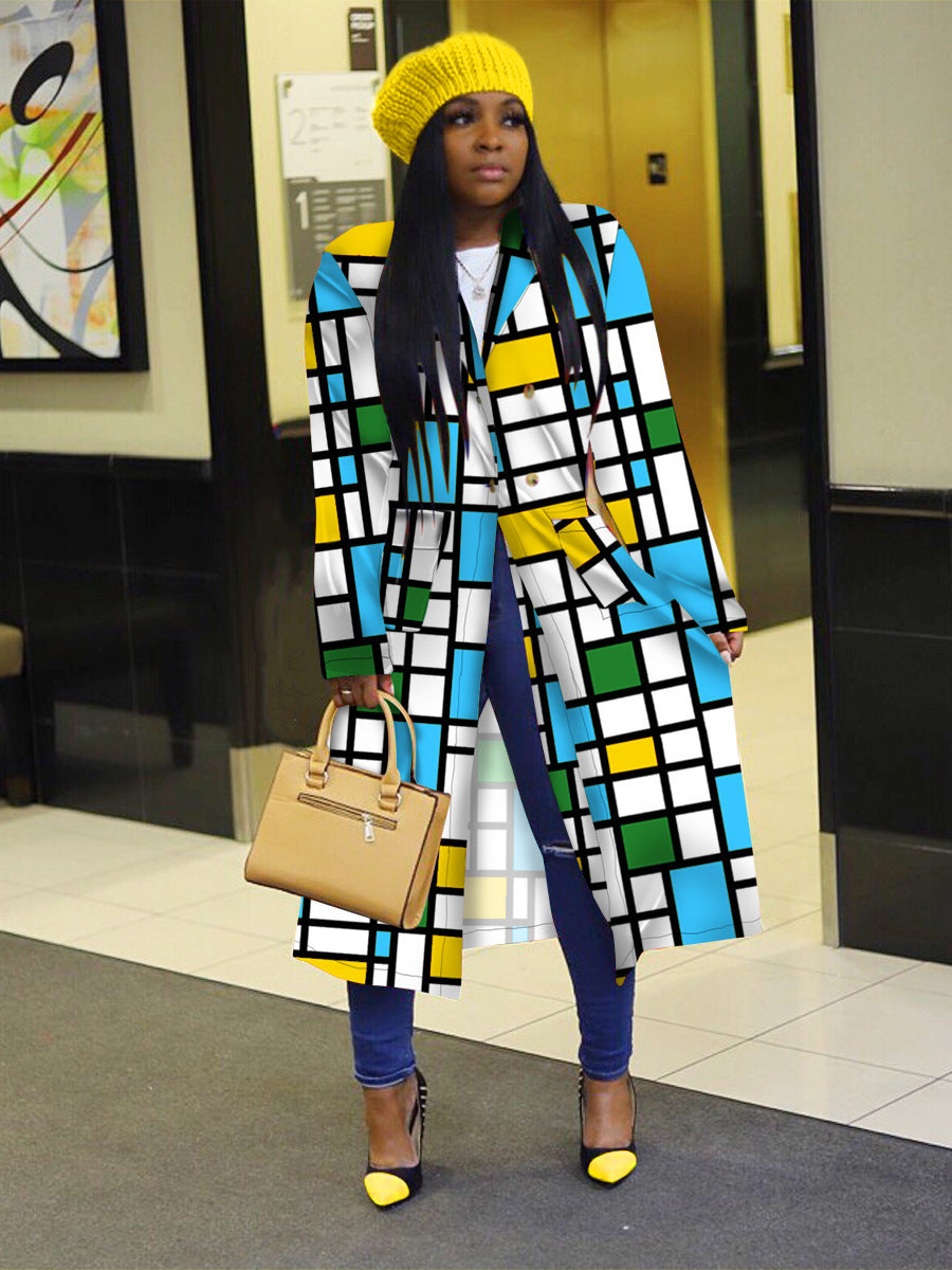 Hot Autumn and Winter Long Fashion Trench Coat Women Plaid Large Size Button Cardigan Coat Women Clothing