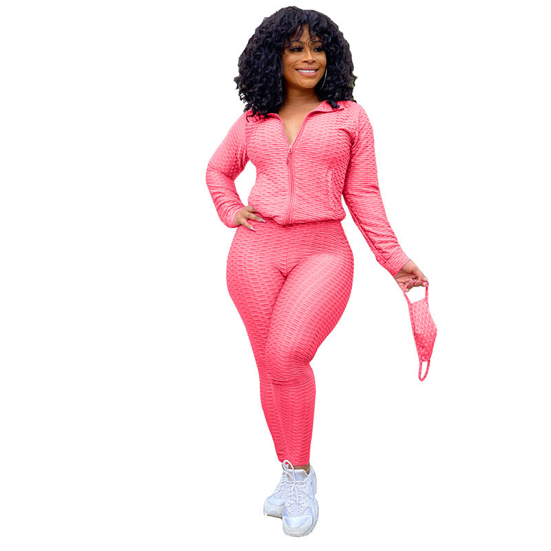 Stand Collar Zipper Sweater Two-Piece Set Yoga Pants Sports Suit Mask