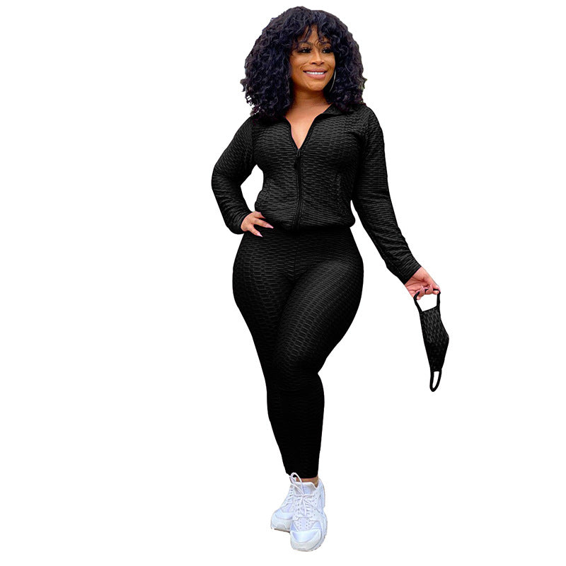 Stand Collar Zipper Sweater Two-Piece Set Yoga Pants Sports Suit Mask