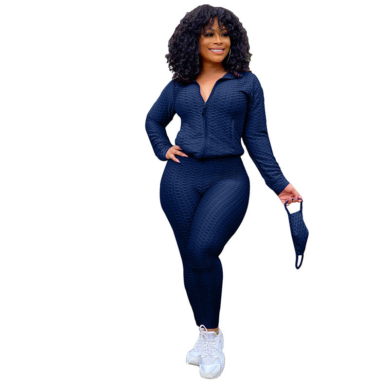Stand Collar Zipper Sweater Two-Piece Set Yoga Pants Sports Suit Mask