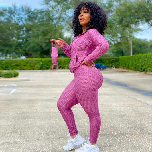 Stand Collar Zipper Sweater Two-Piece Set Yoga Pants Sports Suit Mask