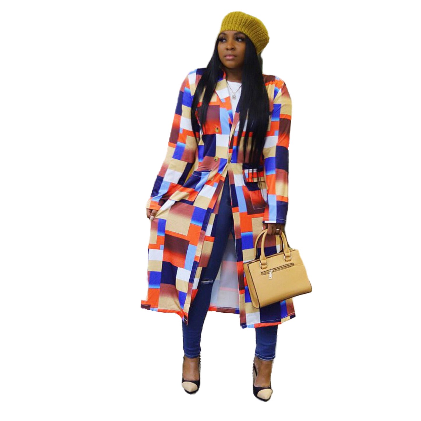Hot Autumn and Winter Long Fashion Trench Coat Women Plaid Large Size Button Cardigan Coat Women Clothing