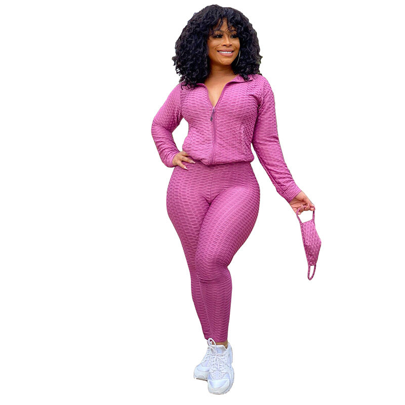 Stand Collar Zipper Sweater Two-Piece Set Yoga Pants Sports Suit Mask