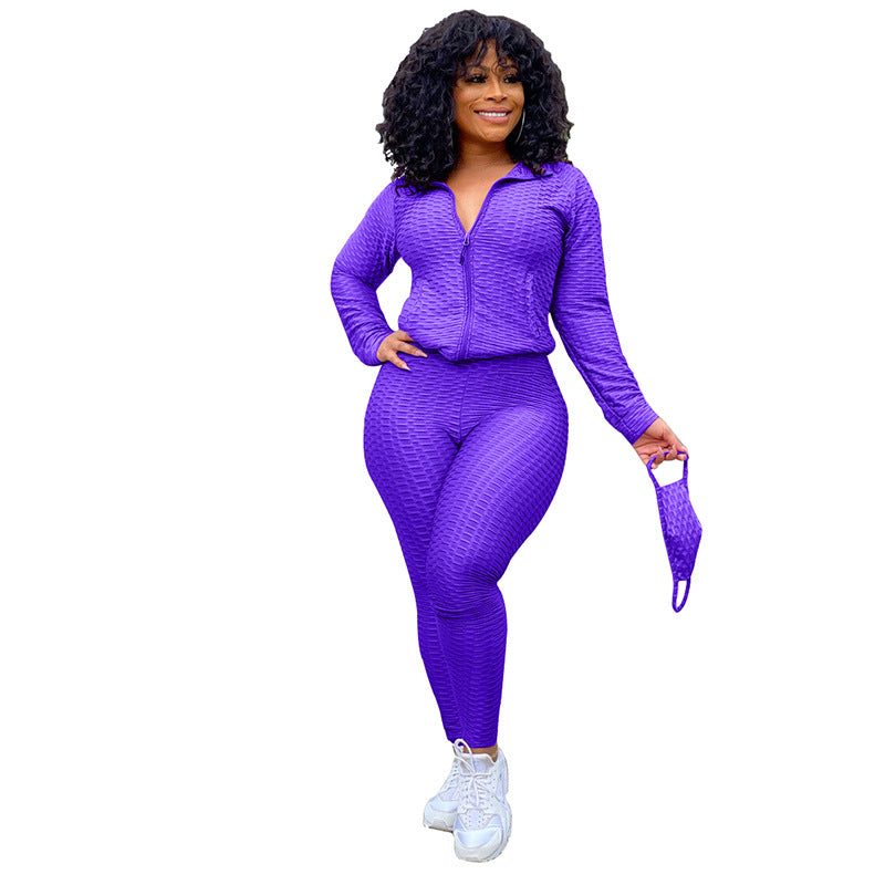 Stand Collar Zipper Sweater Two-Piece Set Yoga Pants Sports Suit Mask