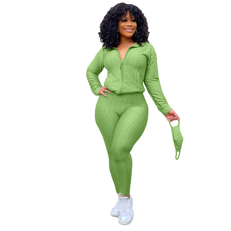 Stand Collar Zipper Sweater Two-Piece Set Yoga Pants Sports Suit Mask