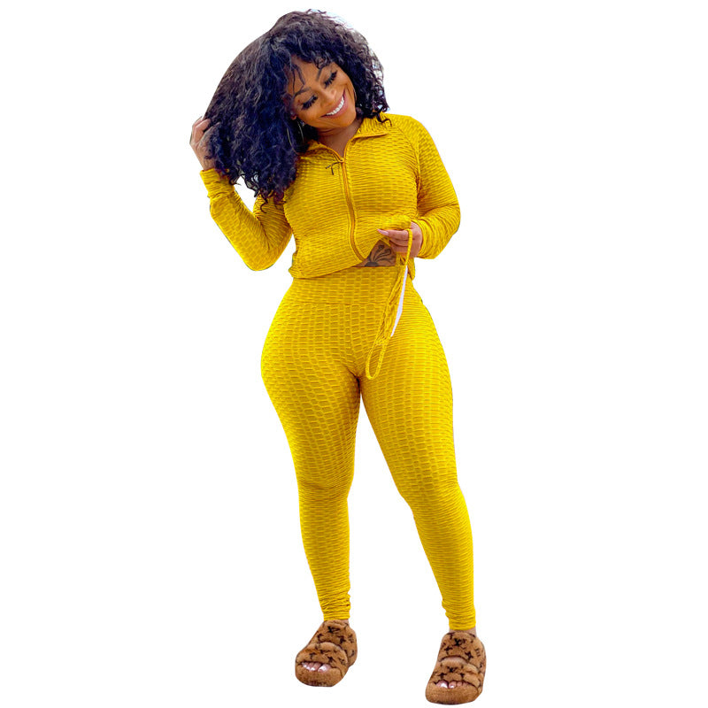 Stand Collar Zipper Sweater Two-Piece Set Yoga Pants Sports Suit Mask