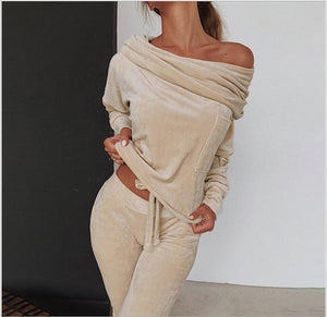 Solid Color Fashion Casual Set Off-shoulder Bow Slim Fit Homewear Suits Loungewear