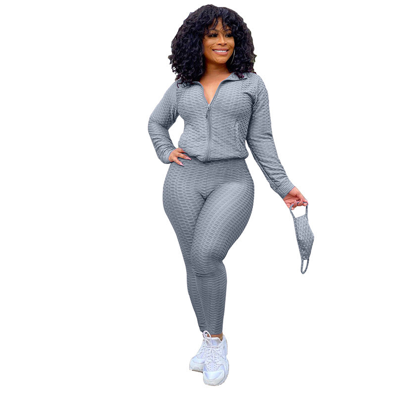 Stand Collar Zipper Sweater Two-Piece Set Yoga Pants Sports Suit Mask