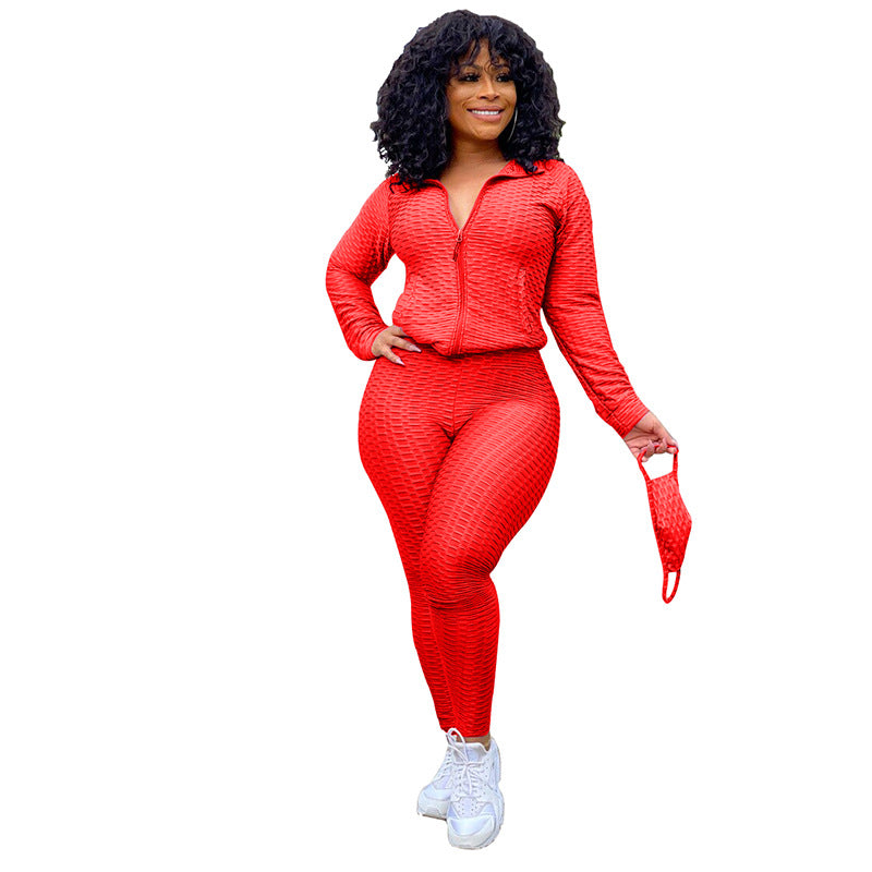 Stand Collar Zipper Sweater Two-Piece Set Yoga Pants Sports Suit Mask