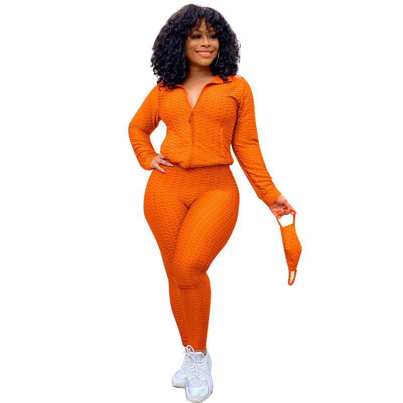 Stand Collar Zipper Sweater Two-Piece Set Yoga Pants Sports Suit Mask