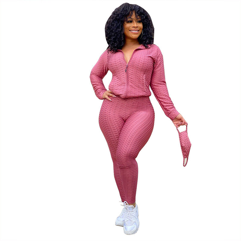 Stand Collar Zipper Sweater Two-Piece Set Yoga Pants Sports Suit Mask