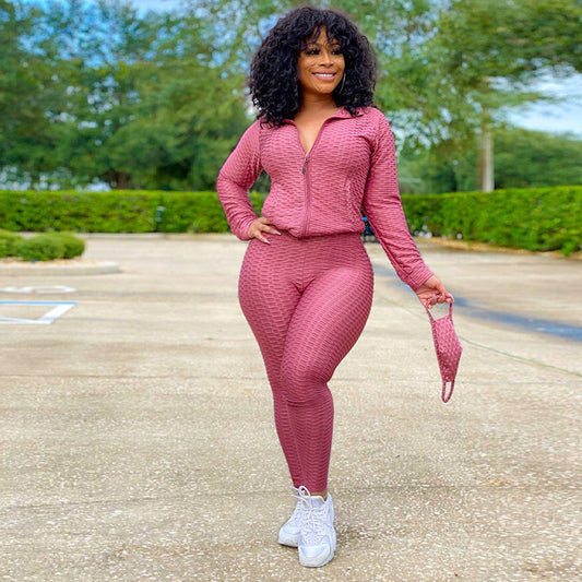 Stand Collar Zipper Sweater Two-Piece Set Yoga Pants Sports Suit Mask