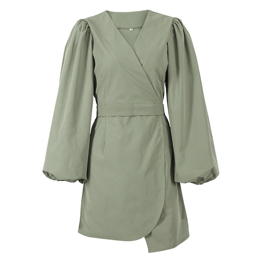 Autumn New V-neck High Waist Lantern Sleeve Ladies French Dress Long Sleeve Short Dress Commuting