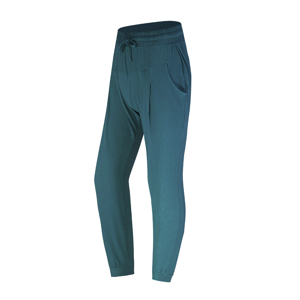 Fitstyle Antibacterial Sports Casual Pants Women Quick-Drying Loose Tappered Running Fitness Solid Color Pocket High Waist Yoga Pants