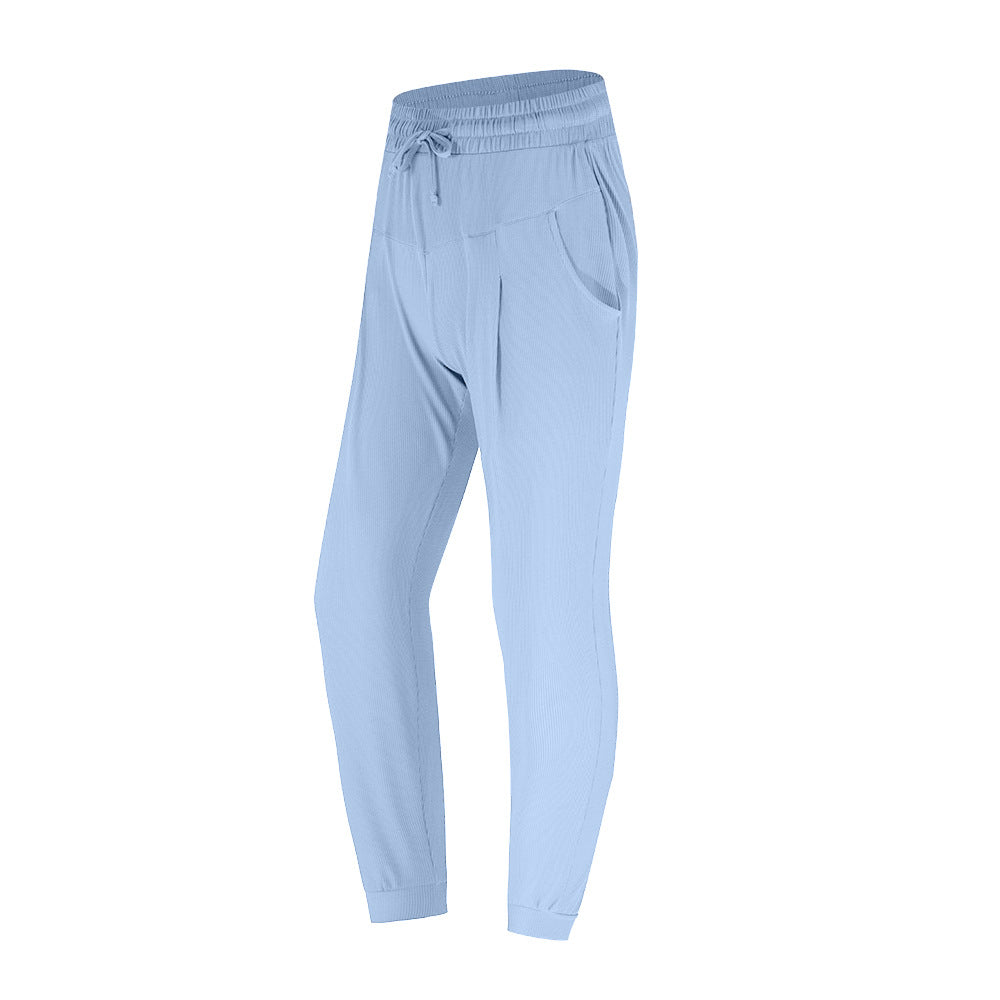 Fitstyle Antibacterial Sports Casual Pants Women Quick-Drying Loose Tappered Running Fitness Solid Color Pocket High Waist Yoga Pants