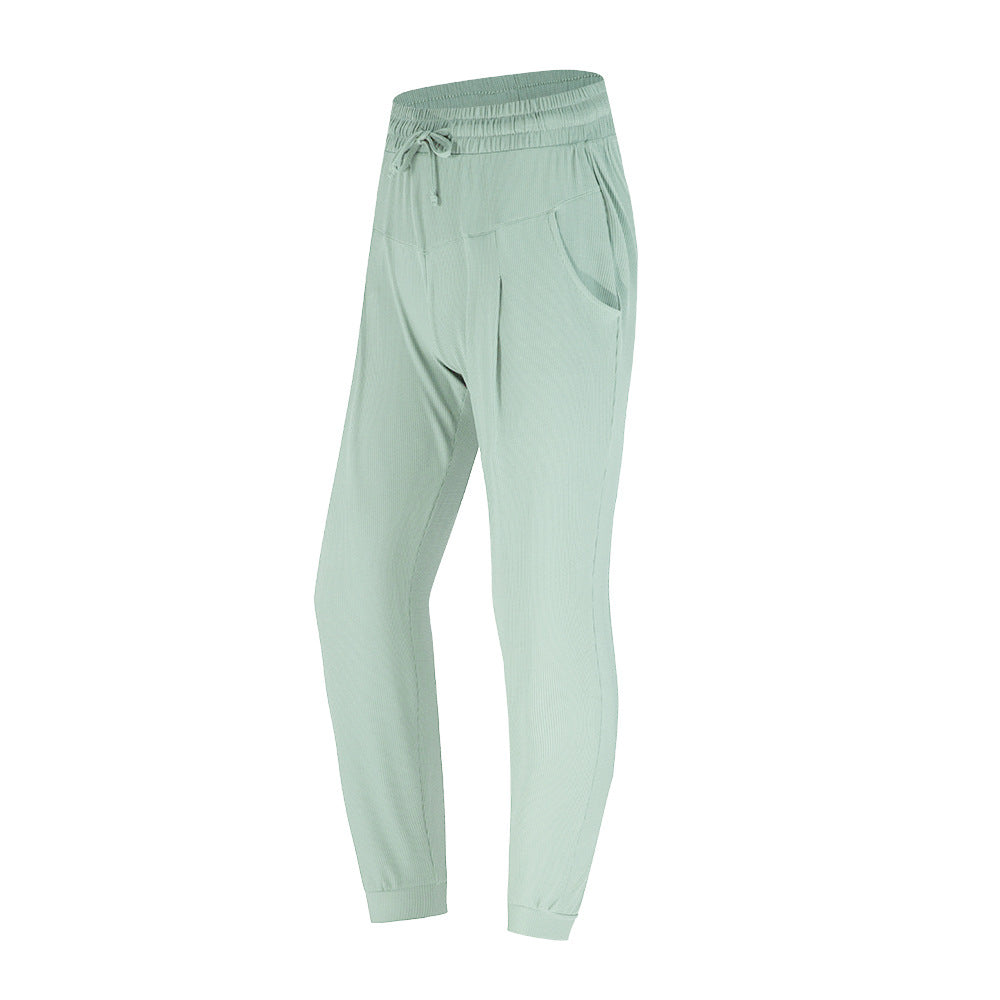 Fitstyle Antibacterial Sports Casual Pants Women Quick-Drying Loose Tappered Running Fitness Solid Color Pocket High Waist Yoga Pants