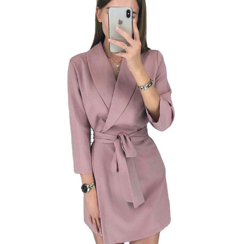 Spring Summer Autumn Women Three-quarter Sleeve Solid Color Polo Collar Suit Fashion Belt Elegant Dress For Women