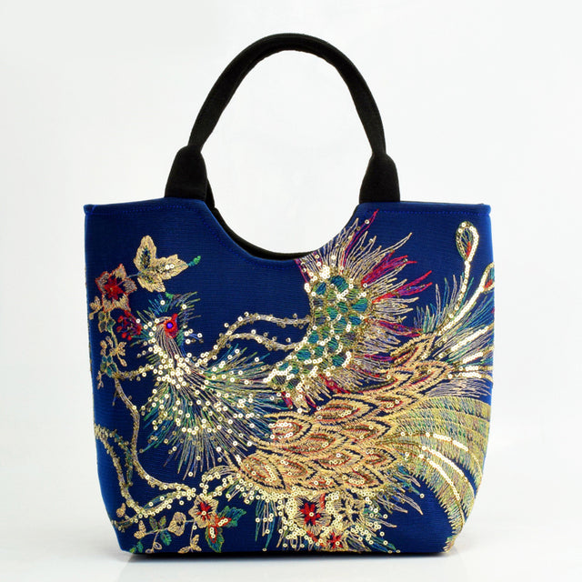Women Shoulder Bag Handmade Embroidery Peacock Bohemia Ethnic Style Retro Handbag Large Capacity Tote Messenger Bag for Girl