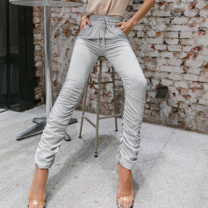 Casual grey high waist sport shirnk pants Women fashion sportswear all-match trousers Fitness pile of pants