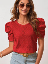 Load image into Gallery viewer, Eyelet Round Neck Puff Sleeve Blouse
