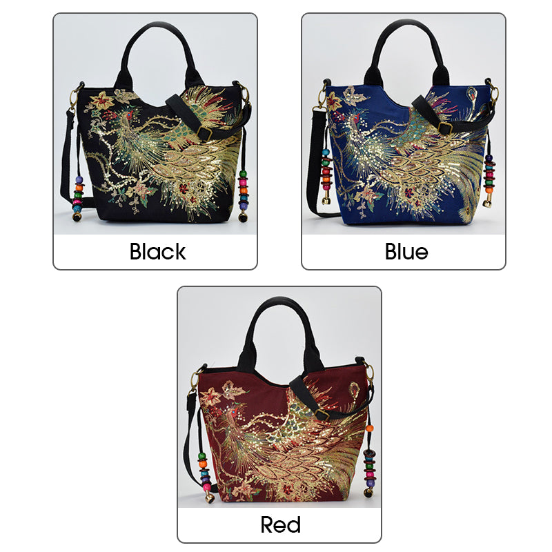 Women Shoulder Bag Handmade Embroidery Peacock Bohemia Ethnic Style Retro Handbag Large Capacity Tote Messenger Bag for Girl