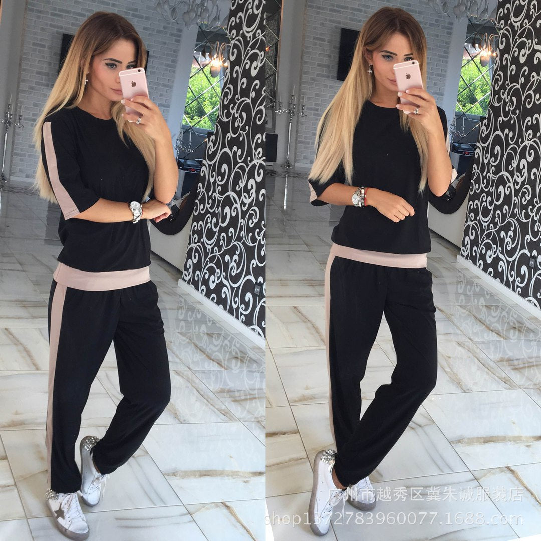 Women Clothing Collage Air Layer Blouse and Pants Fashion Casual Set