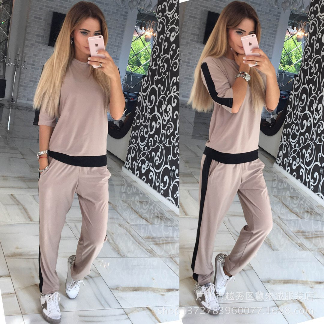 Women Clothing Collage Air Layer Blouse and Pants Fashion Casual Set
