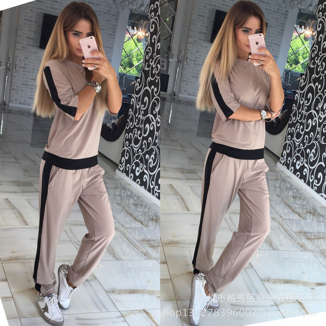 Women Clothing Collage Air Layer Blouse and Pants Fashion Casual Set