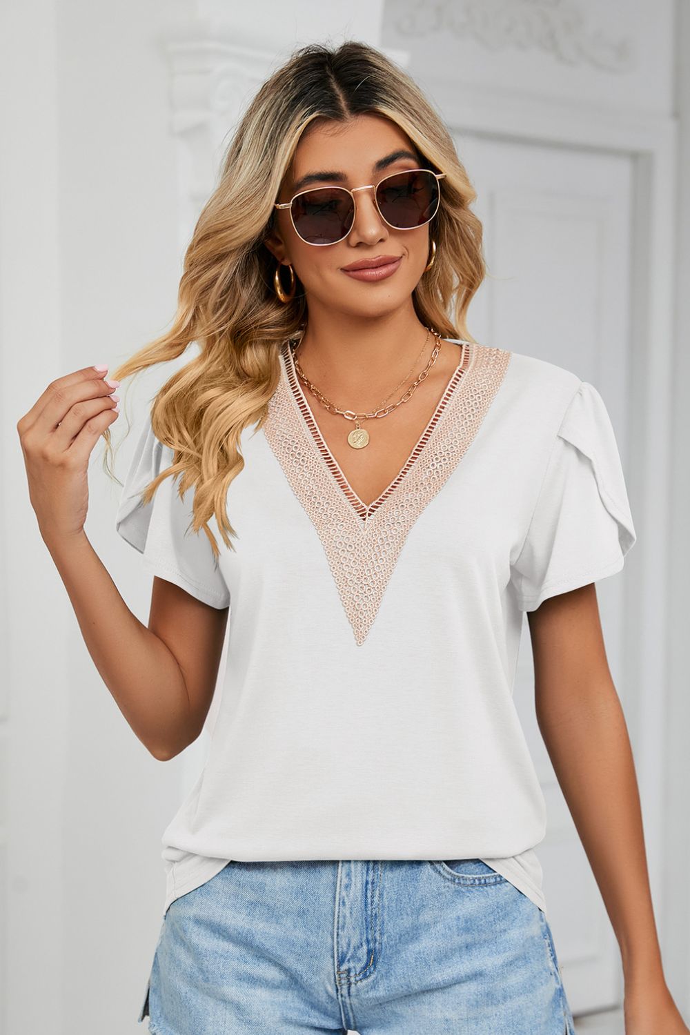 Contrast Trim Petal Sleeve V-Neck Top Lots of Colors